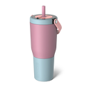Pink and light blue tumbler with a straw on a white background