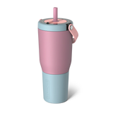 Pink and light blue tumbler with a straw on a white background