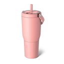 Pink tumbler with a straw on a white background