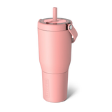 Pink tumbler with a straw on a white background