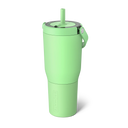Green tumbler with a straw on a white background