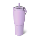 Purple tumbler with a straw on a white background
