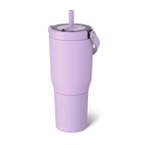 Purple tumbler with a straw on a white background