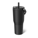 Black insulated tumbler with a straw on a white background