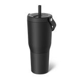 Black insulated tumbler with a straw on a white background