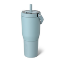 Light blue tumbler with a straw on a white background