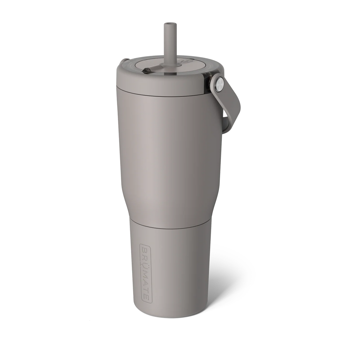 Gray tumbler with a straw on a white background