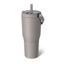 Gray tumbler with a straw on a white background