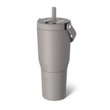 Gray tumbler with a straw on a white background
