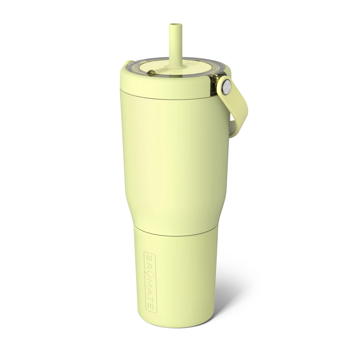 Light green tumbler with a straw on a white background
