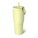 Light green tumbler with a straw on a white background