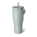 Light blue tumbler with a straw on a white background
