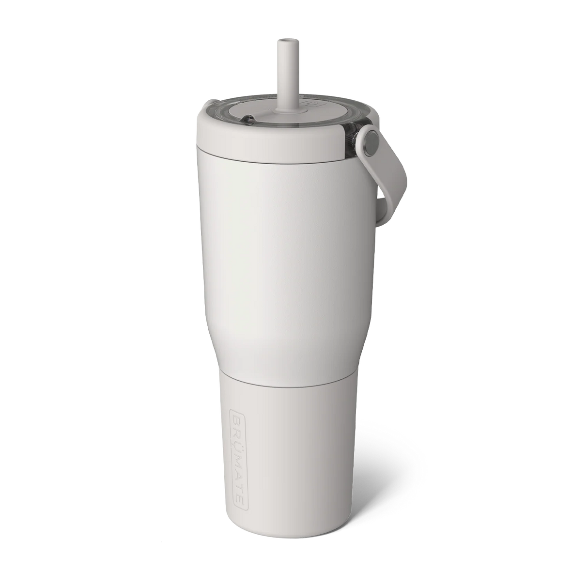 White insulated tumbler with a straw on a white background