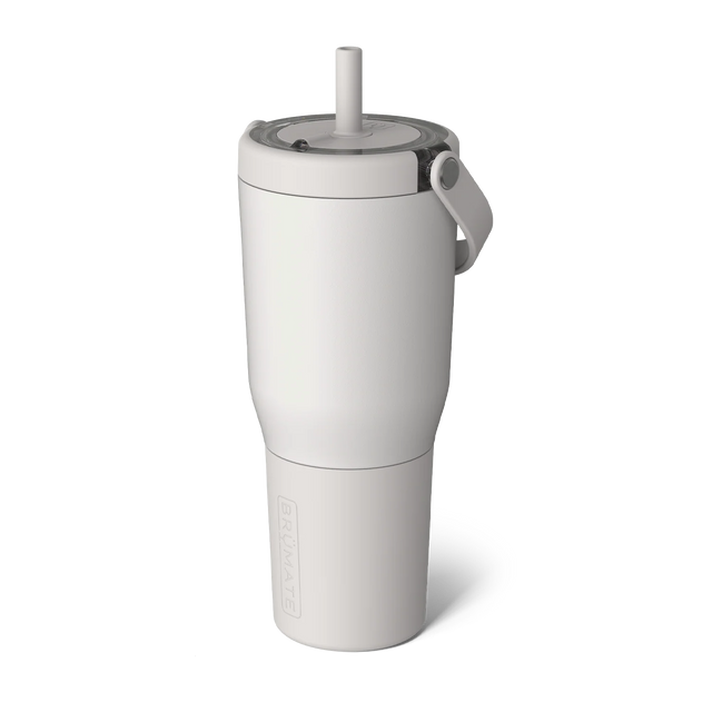White insulated tumbler with a straw on a white background