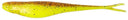 Two yellow fishing lures with black and brown speckles on a white background