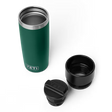 Green YETI insulated mug with two black lids on a white background