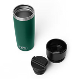 Green YETI insulated mug with two black lids on a white background