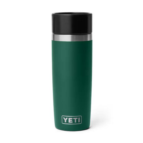 Green YETI mug with black lid on a white background