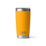 Yellow YETI tumbler with a silver lid on a white background