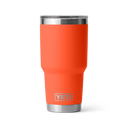 Orange YETI tumbler with a silver lid on a white background