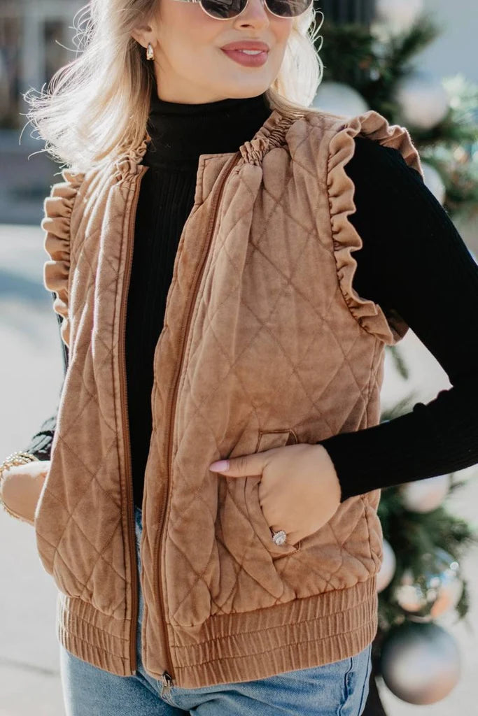 Katydid Garment Washed Quilted Ruffle Sleeve Vests