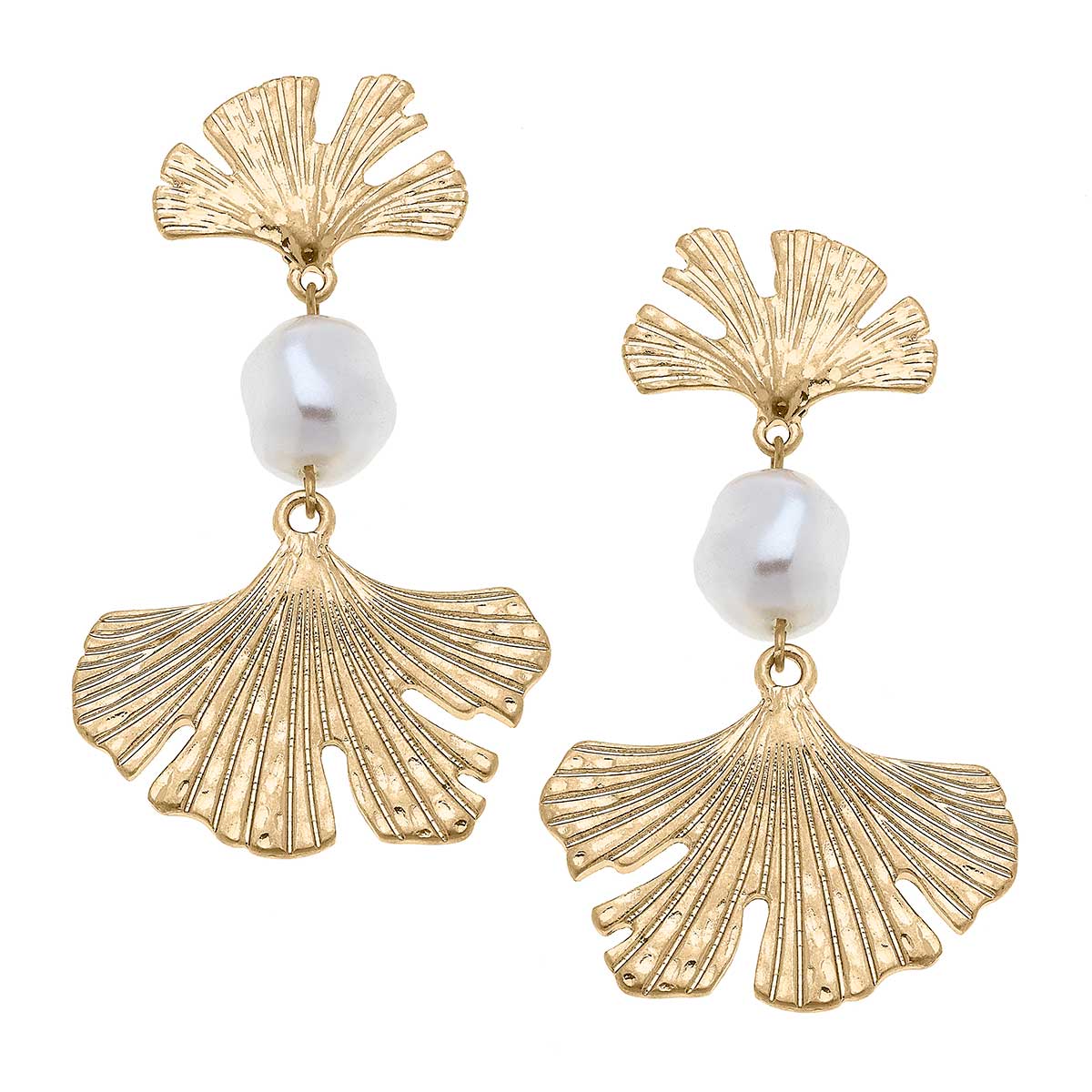 Vivy Ginkgo & Pearl Statement Earrings in Worn Gold