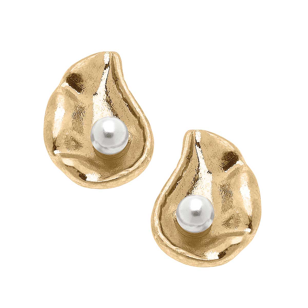 Oyster with Pearl Stud Earrings in Worn Gold