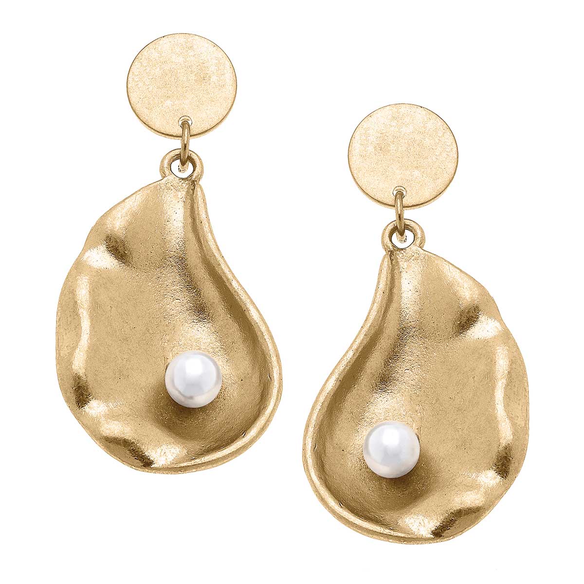 Oyster with Pearl Statement Earrings in Worn Gold