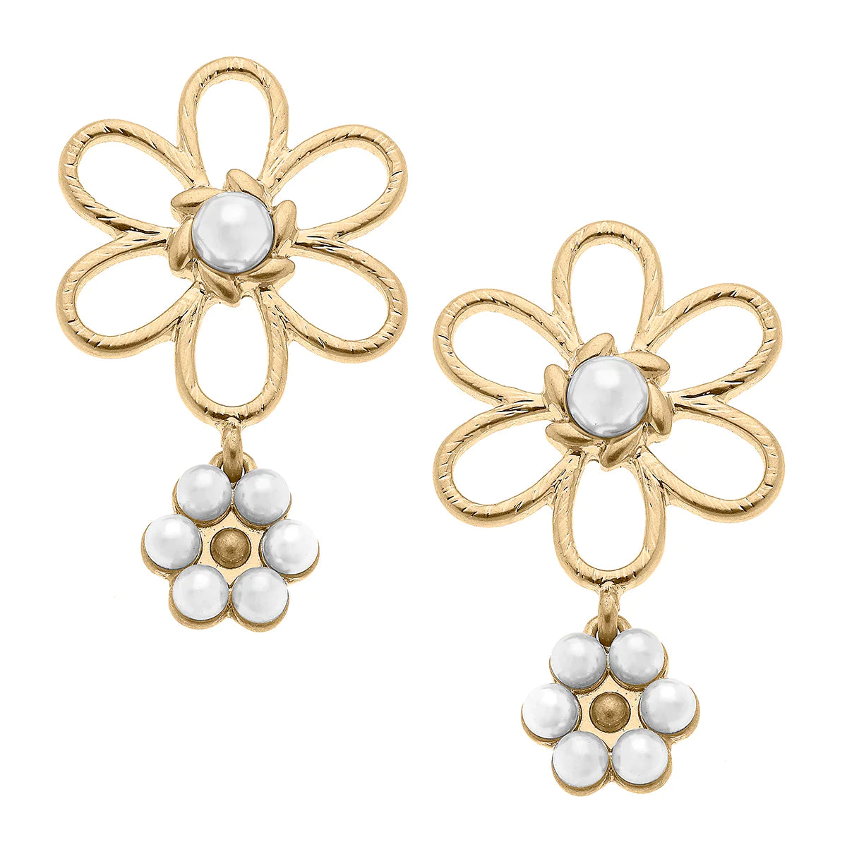 Dannie Pearl Flower Drop Earrings in Ivory & Worn Gold