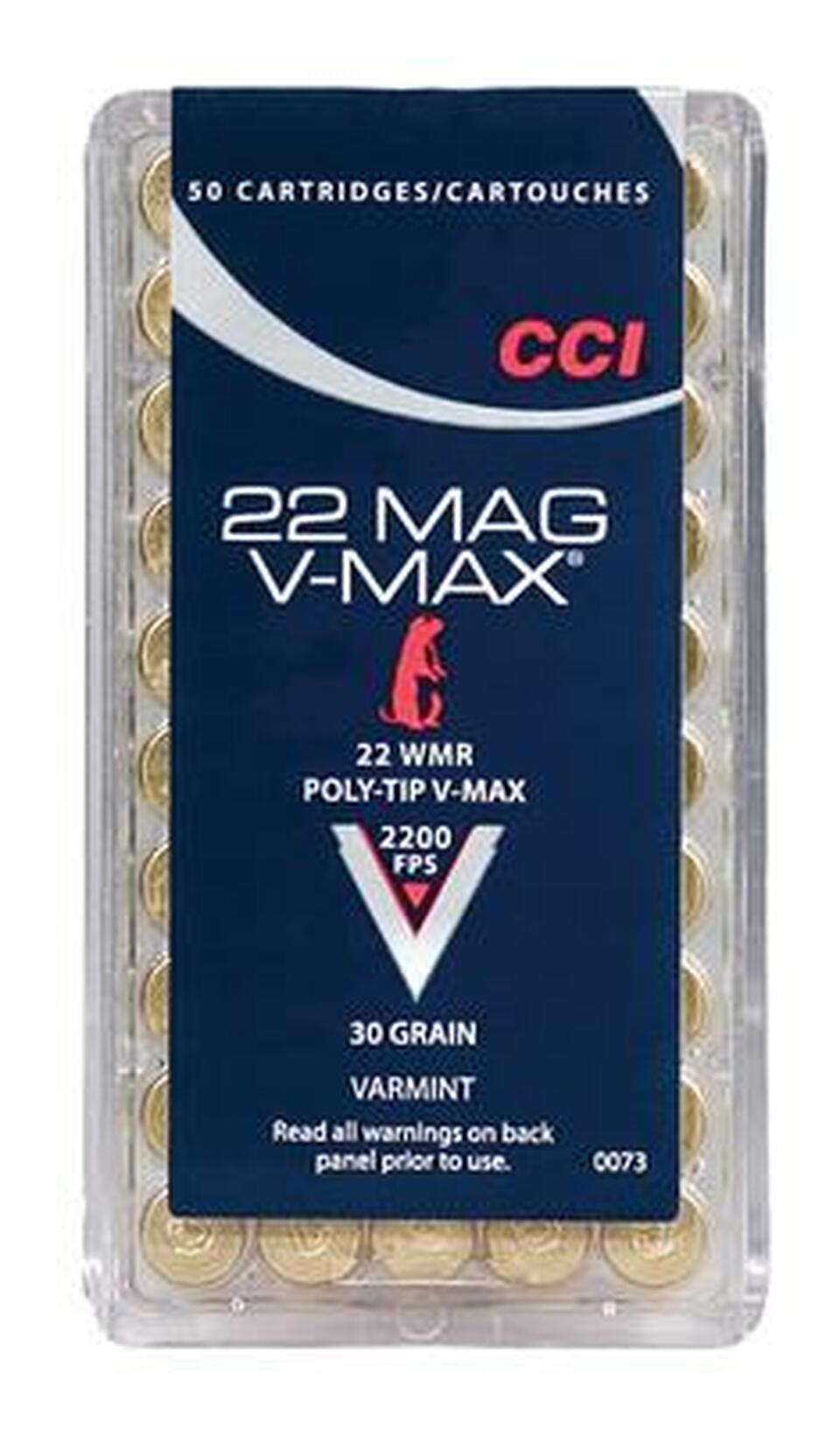 CCI Varmint .22 MAG Punta de polímero V-Max de 30 granos 50 rondas